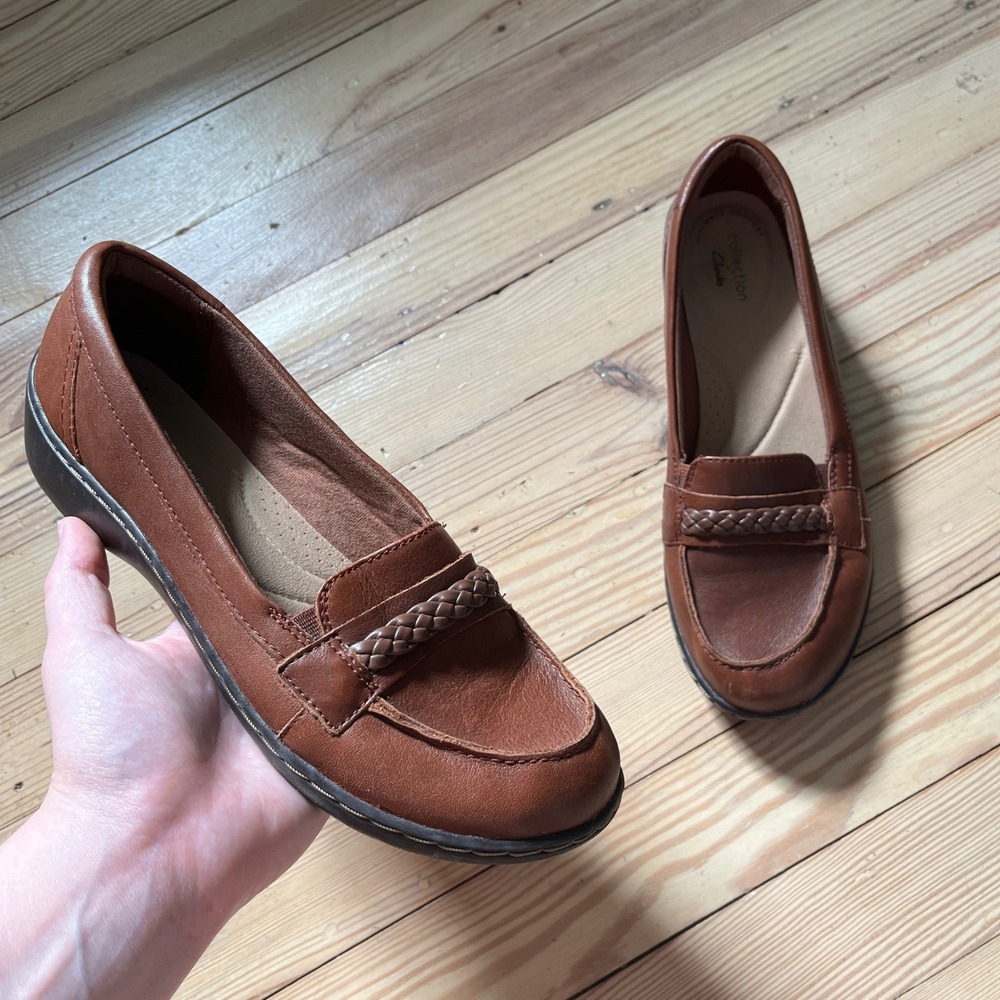 Clarks Collection Loafers Womens 7.5 Brown Leather Braided Comfort preppy Flats